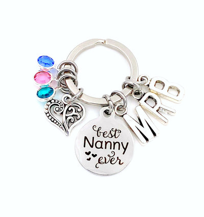 Best Nanny Ever KeyChain, Nanny Key Chain, Gift for Grandmother Keyring Multiple 2 3 4 5 6 7 8 9, Mother's Day Present, Initial Birthstone