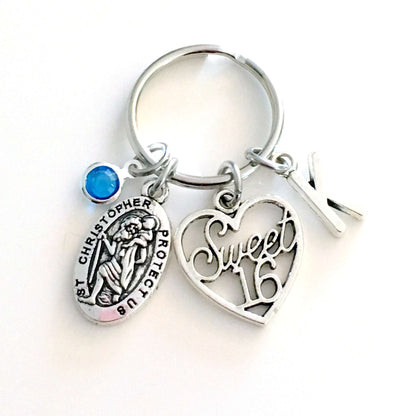 Gift for Sixteenth Birthday Keychain, Sweet 16 Sixteen Keyring, Saint Christopher St Key chain, Initial Gift present protection new Driver