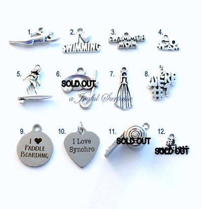 Water Sports Charm Add on to listing single Pendant Silver Swimmers Mom, Go Team Scuba Fin Mask Swimming Swim Surfer Surfing Synchronized