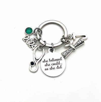 Personalized Nursing Graduation Gift Keychain, 2024 She believed she could so she did can Key Chain Canadian Seller Stethoscope birthstone