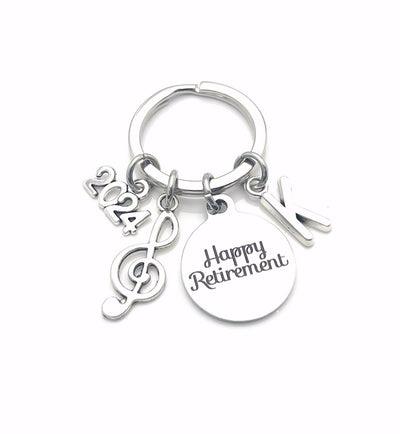 Retirement Gift for Music Teacher Keychain, 2024 Musician Key chain, Band Keyring Retire Initial letter present men women treble note him