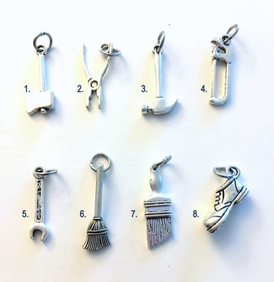 Construction Tool Worker Charm Add on to listings single Pendant Silver Ax, Pliers, Work Boots, Paint Brush, Hammer, Saw, Broom, Wrench Men