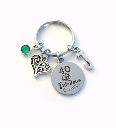 40th birthday gifts for women Keychain, Forty and Fabulous Key Chain, 40 40th her Birthstone Initial Present Jewelry Fortieth best friend