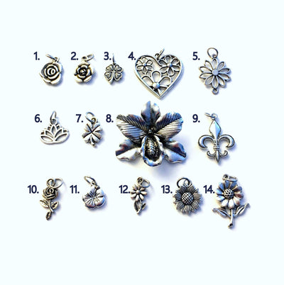 Flower Charm Add on purchase, Silver Rose, Lotus, Orchid, Sunflower, Four Leaf Clover, Daisy, Fleur De Lis, For Bangle, Necklace Jewelry
