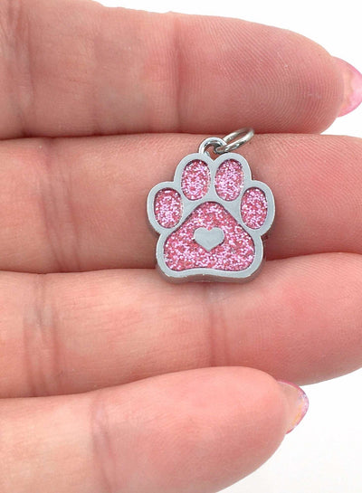 Dog Paw Charm Pendant / Add on purchase for Bangle, Necklace, or Keychain / Glitter Enamel Pendant / Pink Purple Blue Orange Red or Black