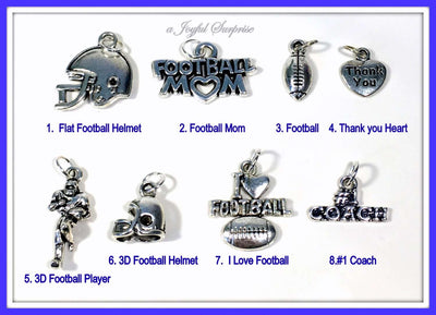 Football Charm, Silver Football Charms, Your choice Football Mom, Football Helmet, I love Football, Football player, #1 Coach 1 single Charm