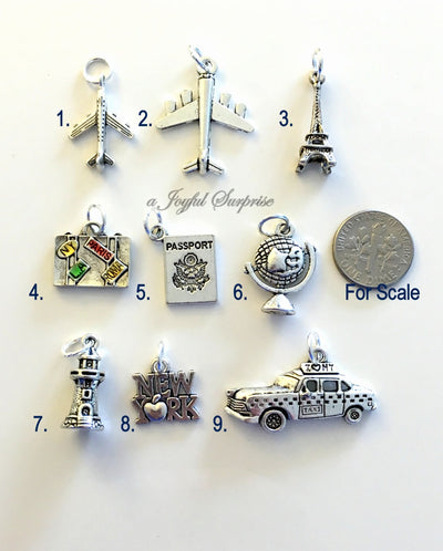 Silver Travel Charm, Add on to any of my listings - 1 single Charm, airplane, lighthouse New York Passport Luggage Globe Eiffel Suitcase