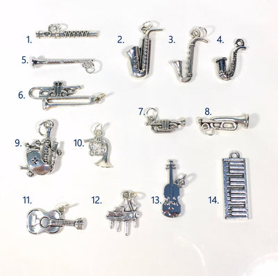 Music Charm, Your choice of Music Instrument Charm, Saxophone, Violin, Music Note, Keyboard, Headphone, Piano, Guitar - 1 Silver Pendant