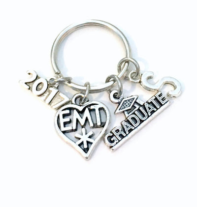 Graduation Gift for EMT Paramedic Keychain, 2023 EMT Student Grad Key Chain, Keyring Initial Letter Medical charm Jewelry EMS star of life