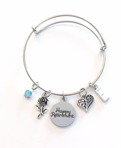 Happy Retirement Jewelry, Retirement Gifts for Women, Charm Bracelet, Silver Bangle initial birthstone Present Flower Rose Heart Love Mother