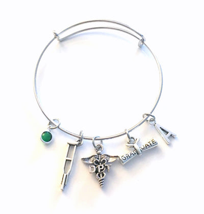 Graduation Gift for DPT Bracelet, Doctor of Physical Therapy Jewelry, Therapist Charm Bangle, Silver Crutches Crutch Caduceus birthstone her