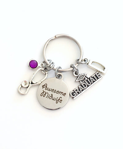 Awesome Midwife Graduation Keychain, Mid Wife Key Chain, Midwife present, Gift for Doula Nurse Keyring, Stethoscope women, Graduate Grad