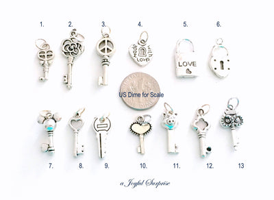 Key Charm, Your choice of Key Charm, Skeleton Key Charm, Heart Key, Owl Key, Pig Key, Pad Lock and Key, Padlock with Key - 1 Silver Pendant