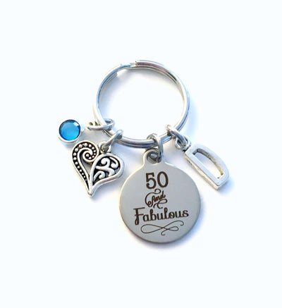 50th birthday gifts for women Keychain, Fifty Key Chain, 50 and Fabulous her Birthstone Initial Present Jewelry Mother Age Mom Best Friend