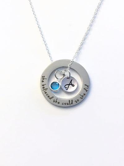 She Believed She could so she did Necklace, 18" necklace, Affirmation Circle Charm, Gift for Graduation Jewelry Present Accomplishment women Retirement