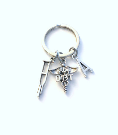 DPT Keychain, Doctor of Physical Therapy Caduceus Key chain, Therapist Keyring, Initial letter her him men women crutches crutch Gift for