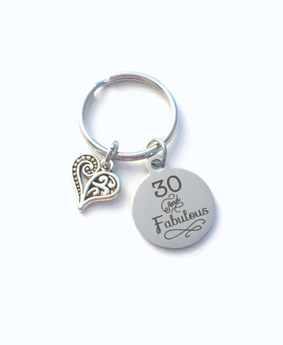 Gift for Thirtieth Birthday Keychain, Thirty and Fabulous Key Chain, 30 30th her Birthstone Initial Present Jewelry Women Age best friend