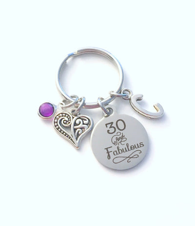 Gift for Thirtieth Birthday Keychain, Thirty and Fabulous Key Chain, 30 30th her Birthstone Initial Present Jewelry Women Age best friend