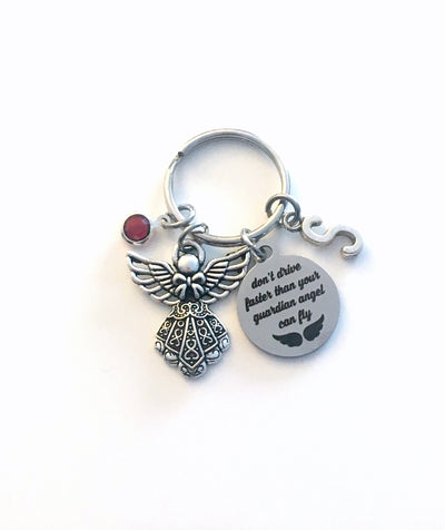 New Driver Key Chain, Don't drive faster than your guardian angel can fly Keychain, Gift for Daughter or Son Keyring, Present Her Boy Girl
