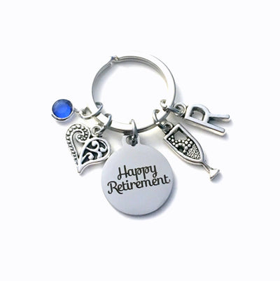Happy Retirement Keychain, Retired Gift for Her Key Chain, Congratulations Present, Wine Heart Charm Keyring Initial Birthstone women mom