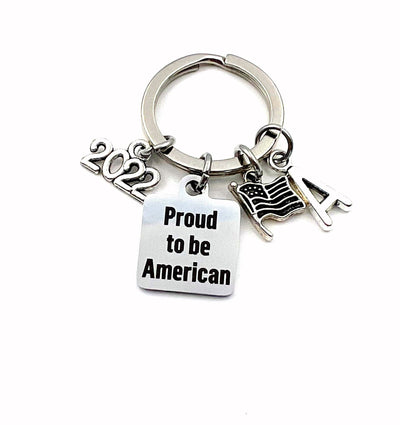 Gift for New Citizen, Proud to be American KeyChain, 2023 Key Chain USA Keyring Present silver Patriotic initial Flag her him men 2024