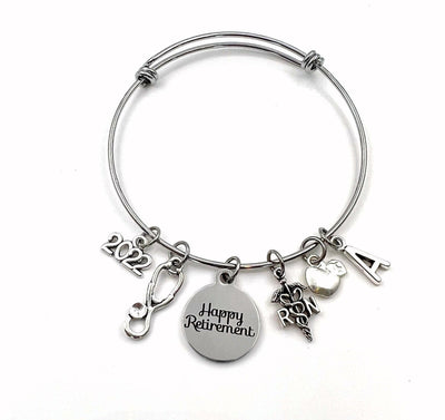 School Nurse Retirement Gift  / 2023 RN Charm Bracelet / Apple Jewelry / Silver Bangle / Coworker Present / Other years available 2024 2025