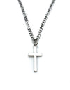 Silver plain flat cross hanging on a 3mm stainless steel curb chain.