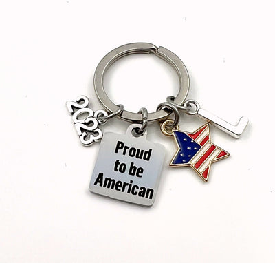 2024 Gift for New Citizenship Keychain, USA Citizen Key chain / Proud to be American Red, White and Blue US Flag Keyring / Military Present