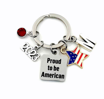 2023 Gift for New Citizenship Keychain, USA Citizen Key chain / Proud to be American Red, White and Blue US Flag Keyring / Military Present