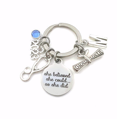Personalized Nursing Graduation Gift Keychain, 2023 She believed she could so she did can Key Chain Canadian Seller Stethoscope birthstone