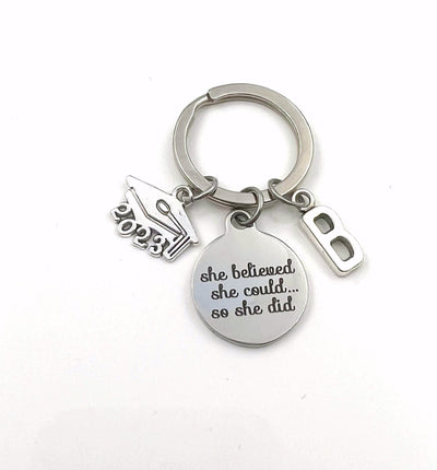 Graduation Gift for her Keychain / 2023 She believed she could so she did Key Chain / Mortarboard Grad Cap Keyring / Graduation Present