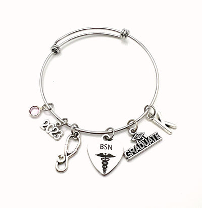 BSN Graduation Bracelet, 2023 Gift for Bachelor of Science Nursing Student,  BSN Grad Jewelry, RN Student Graduate Charm silver Bangle, her