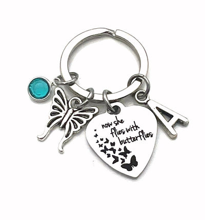 Memorial Gift, Now she flies with butterflies, Sympathy Keychain, Butterfly Key Chain, Loss of Daughter, Mom, Mother, Sister Grandma Present