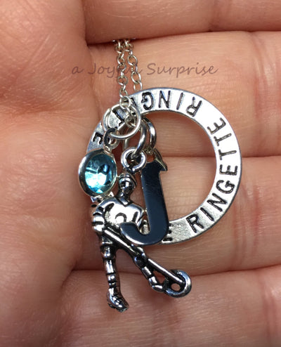 Ringette Necklace, 16" Girl's Jewelry, Gift for Teammate Player Silver Circle Charm, letter initial Canadian seller PEI Little Young Teenage