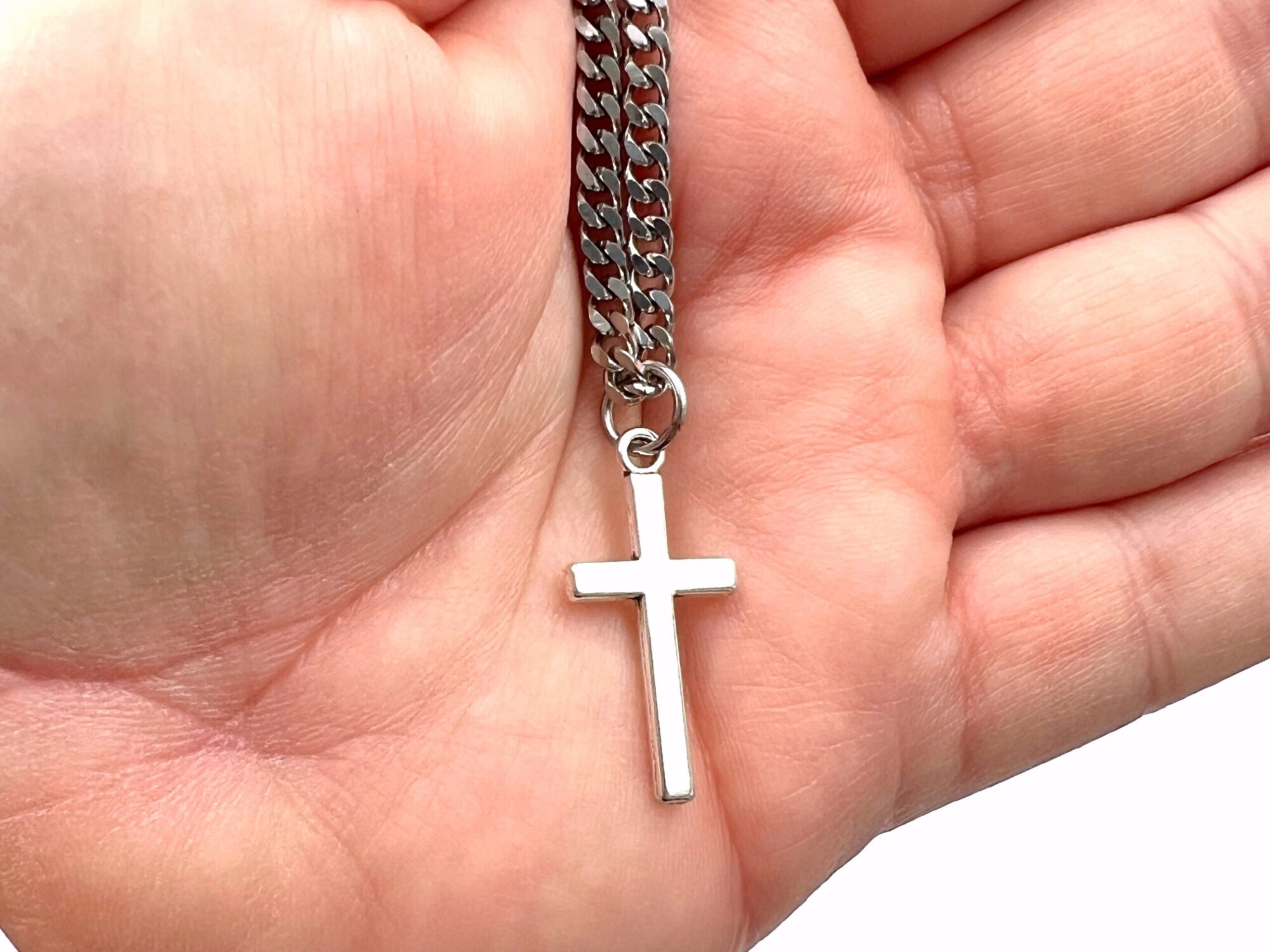 Men's Cross Necklace, 3mm Stainless Steel Curb Chain - Image 5