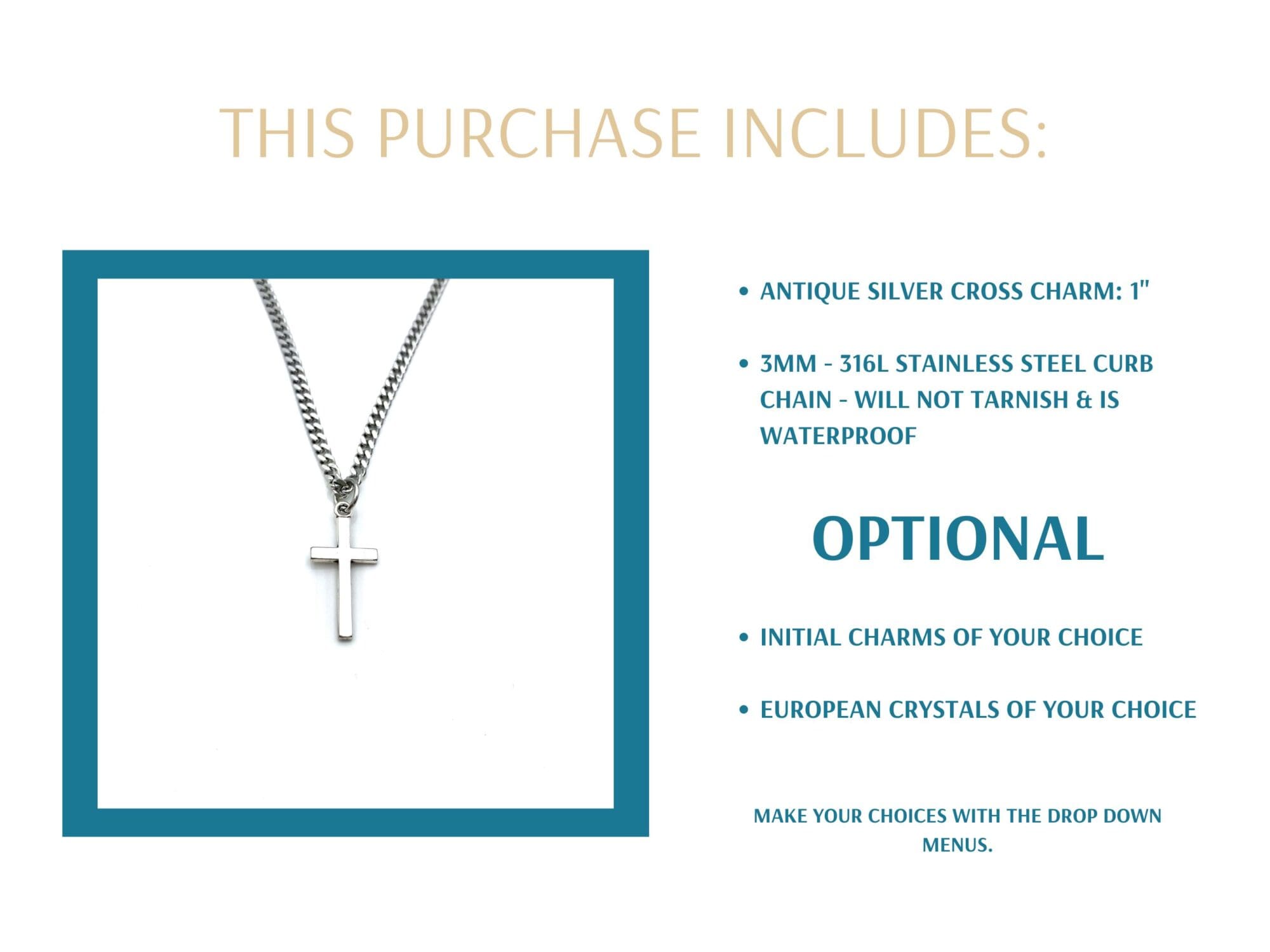 Men's Cross Necklace, 3mm Stainless Steel Curb Chain - Image 2