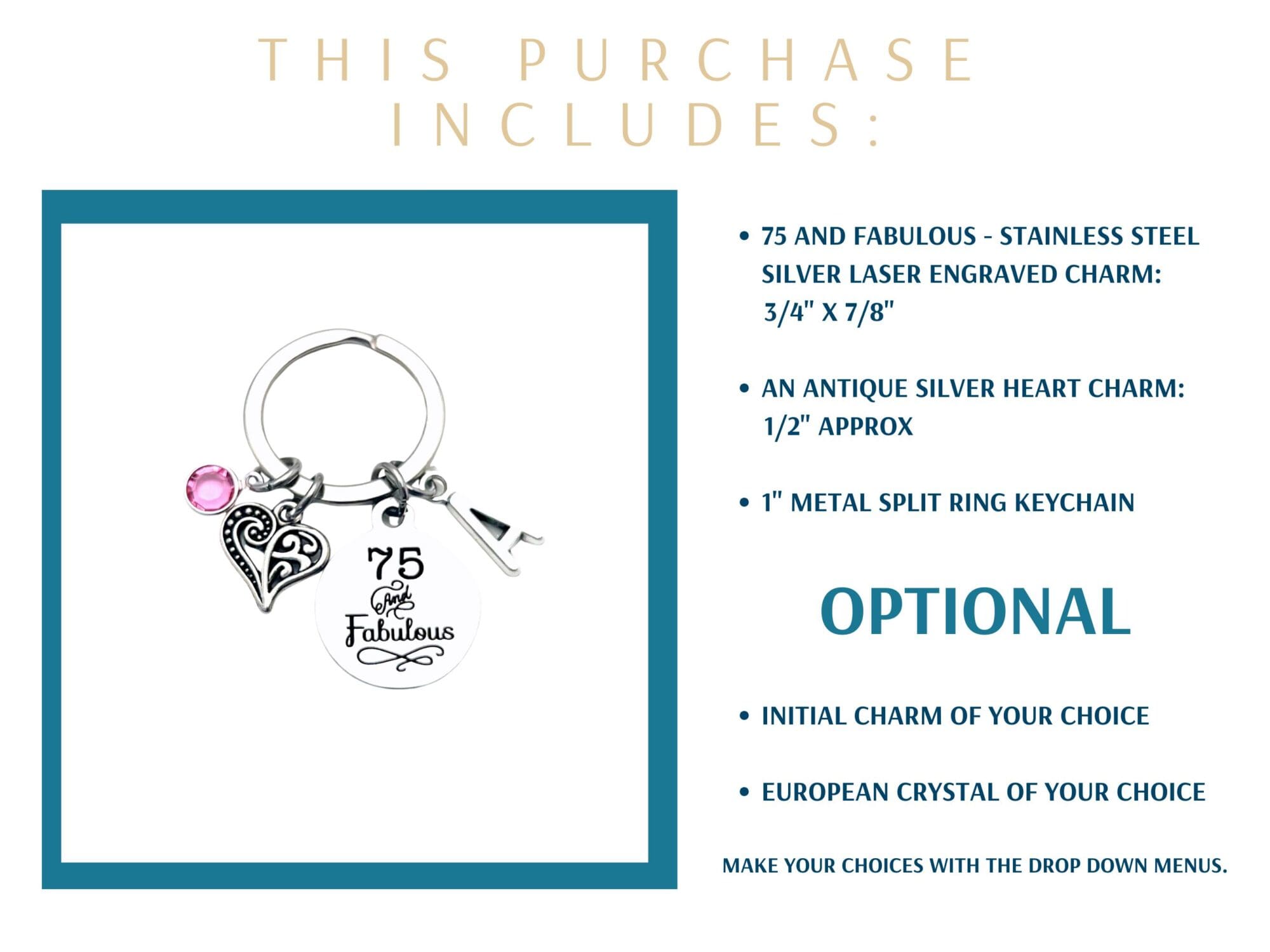 75th birthday gifts for women, 75 and Fabulous Keychain - Image 2