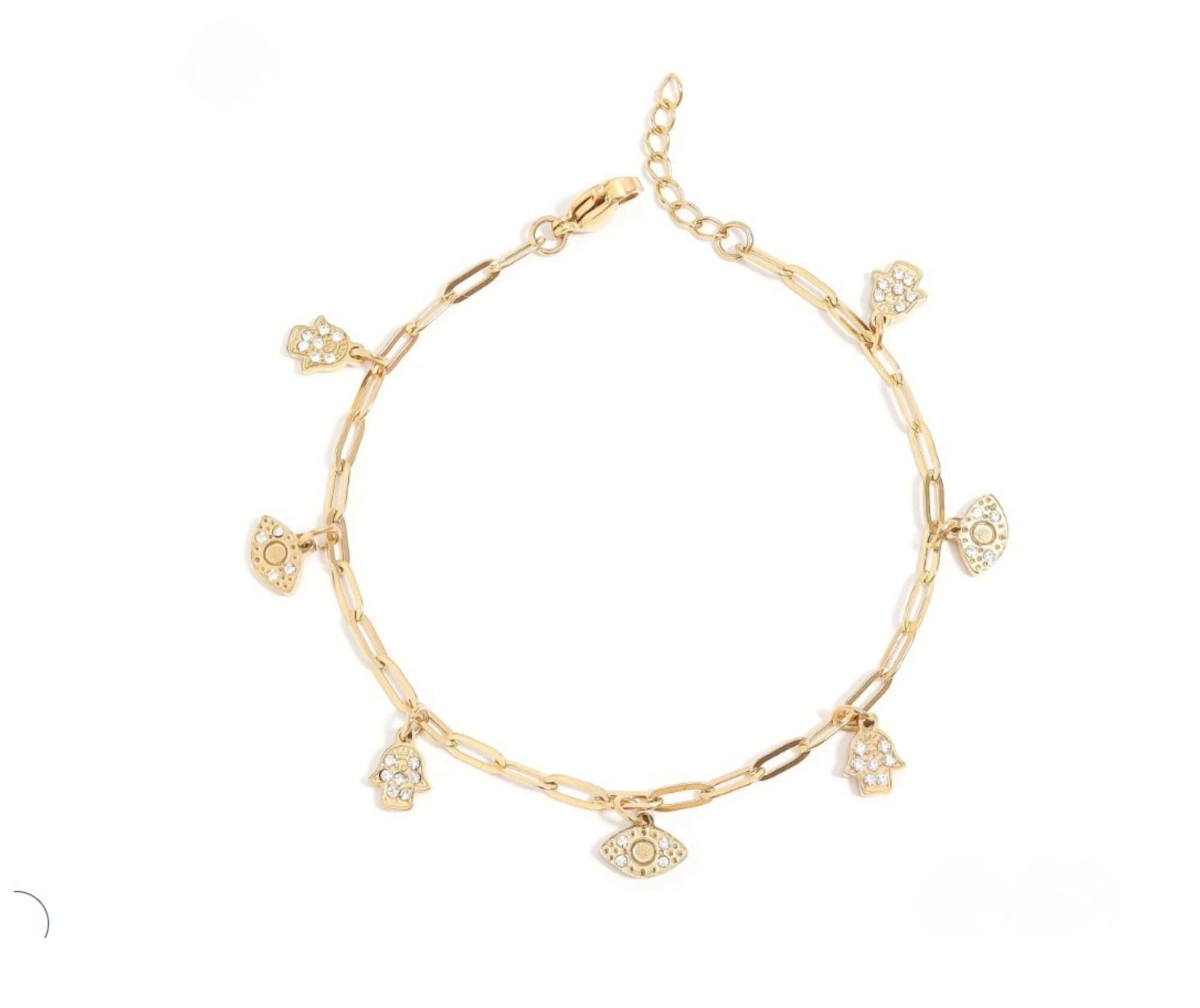 Evil Eye and Hamsa Charm Bracelet – Crystal Paperclip Chain Jewelry -18K Gold PVD