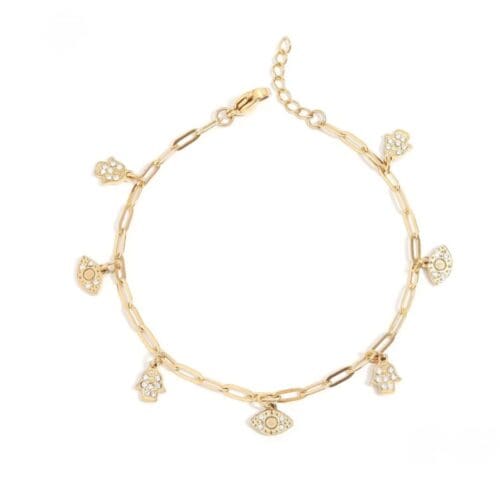 Evil Eye and Hamsa Charm Bracelet – Crystal Paperclip Chain Jewelry -18K Gold PVD