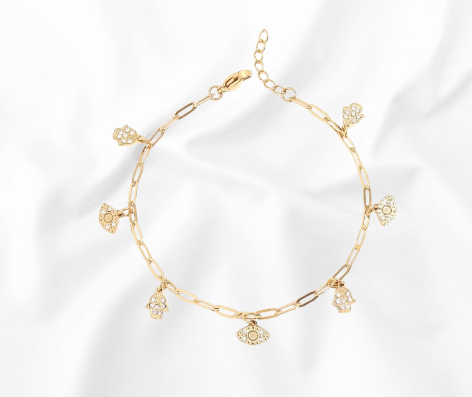 Evil Eye and Hamsa Charm Bracelet – Crystal Paperclip Chain Jewelry -18K Gold PVD - Image 7