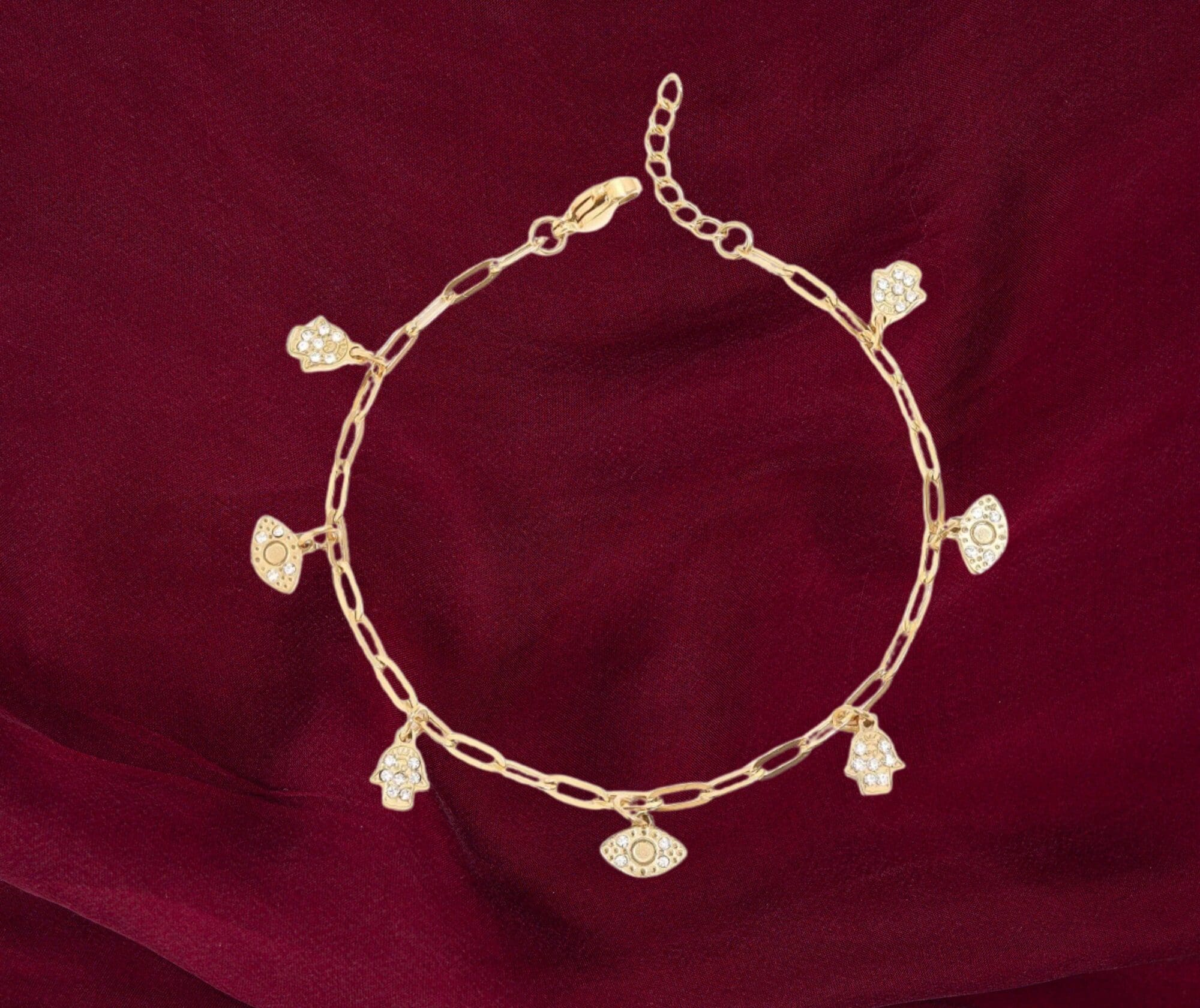 Evil Eye and Hamsa Charm Bracelet – Crystal Paperclip Chain Jewelry -18K Gold PVD - Image 6