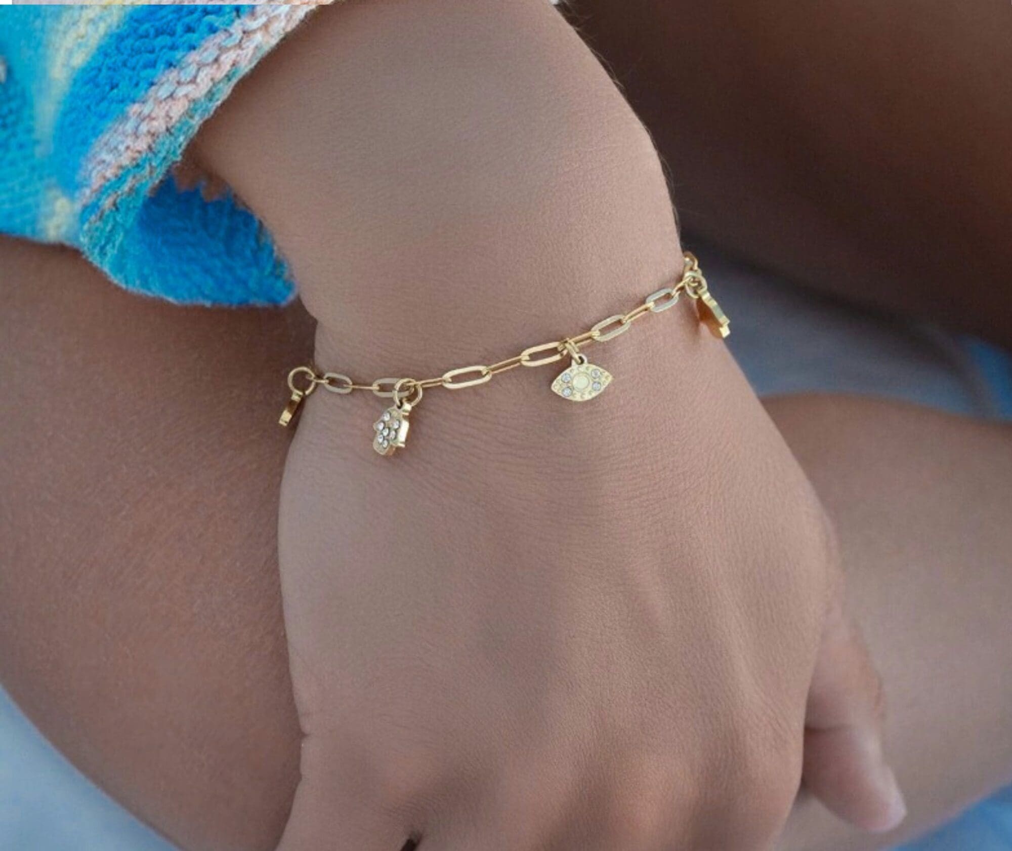 Hamsa and Evil Eye Charm Bracelet with Crystals – Paperclip Chain Jewelry - Waterproof - Image 9