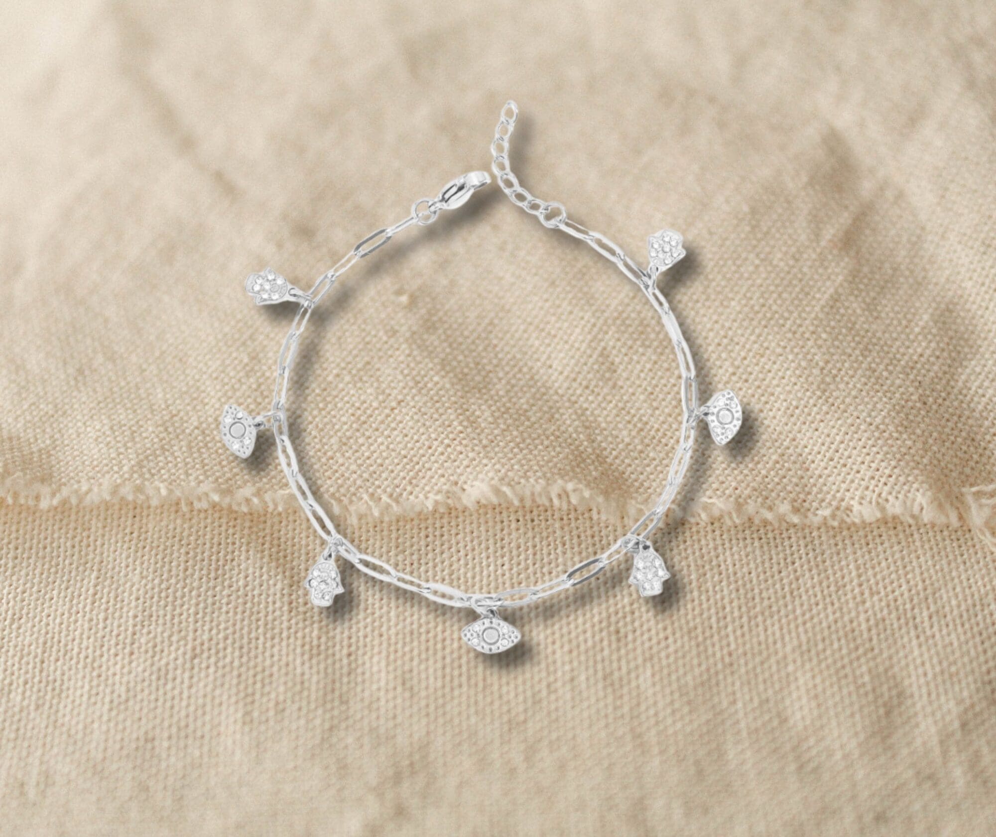 Hamsa and Evil Eye Charm Bracelet with Crystals – Paperclip Chain Jewelry - Waterproof - Image 4