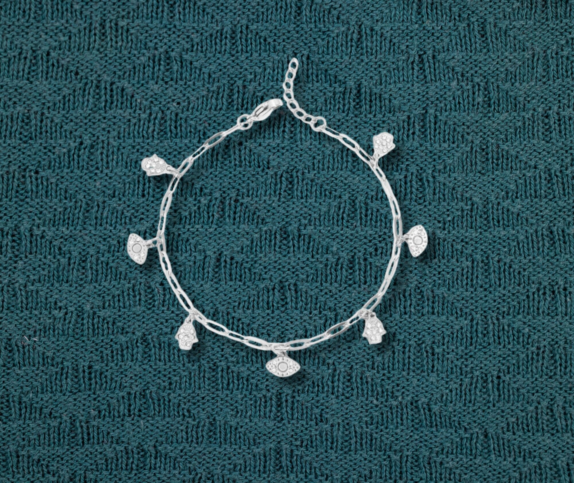 Hamsa and Evil Eye Charm Bracelet with Crystals – Paperclip Chain Jewelry - Waterproof - Image 2