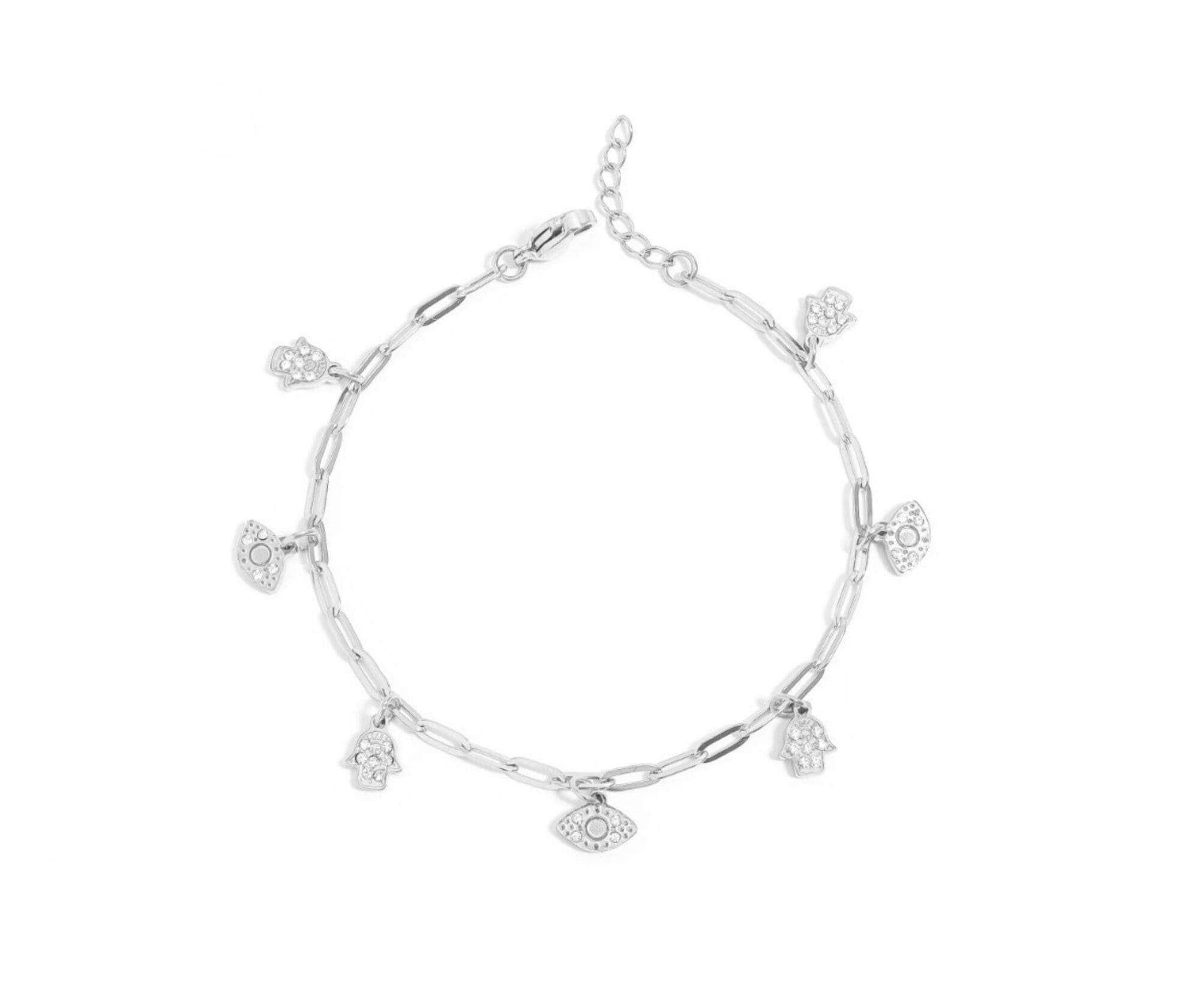 Hamsa and Evil Eye Charm Bracelet with Crystals – Paperclip Chain Jewelry - Waterproof - Image 3