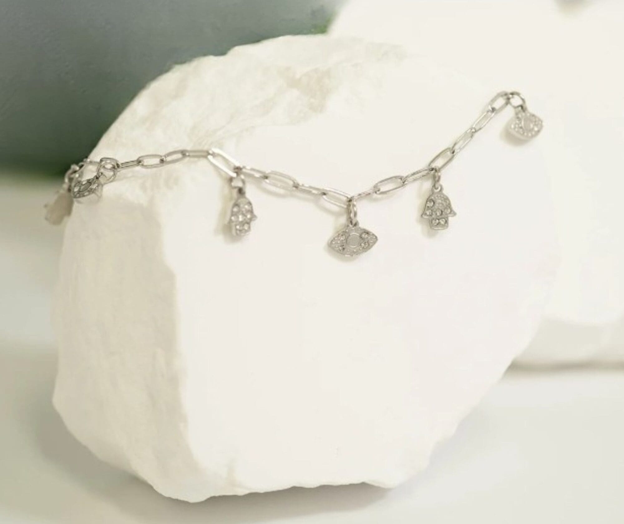 Hamsa and Evil Eye Charm Bracelet with Crystals – Paperclip Chain Jewelry - Waterproof