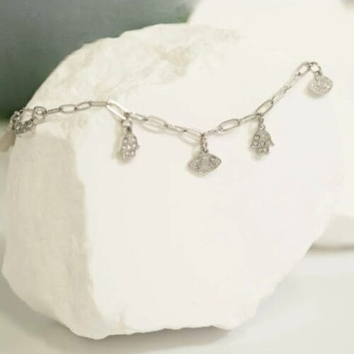 Hamsa and Evil Eye Charm Bracelet with Crystals – Paperclip Chain Jewelry - Waterproof