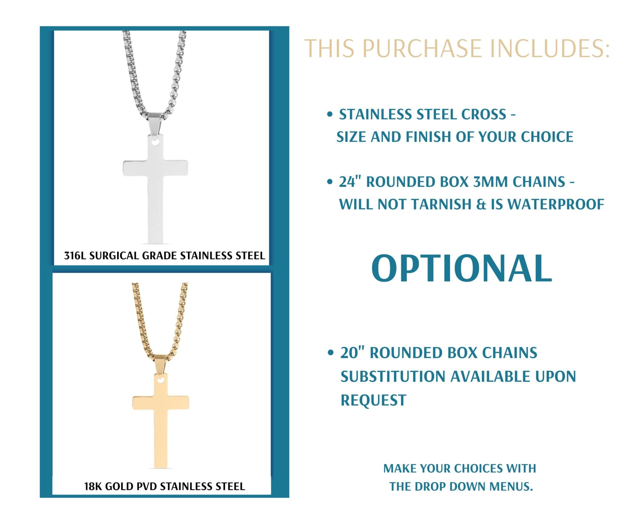 Men's Cross Necklace,  Waterproof Jewelry in Gold / Stainless Steel - Image 4