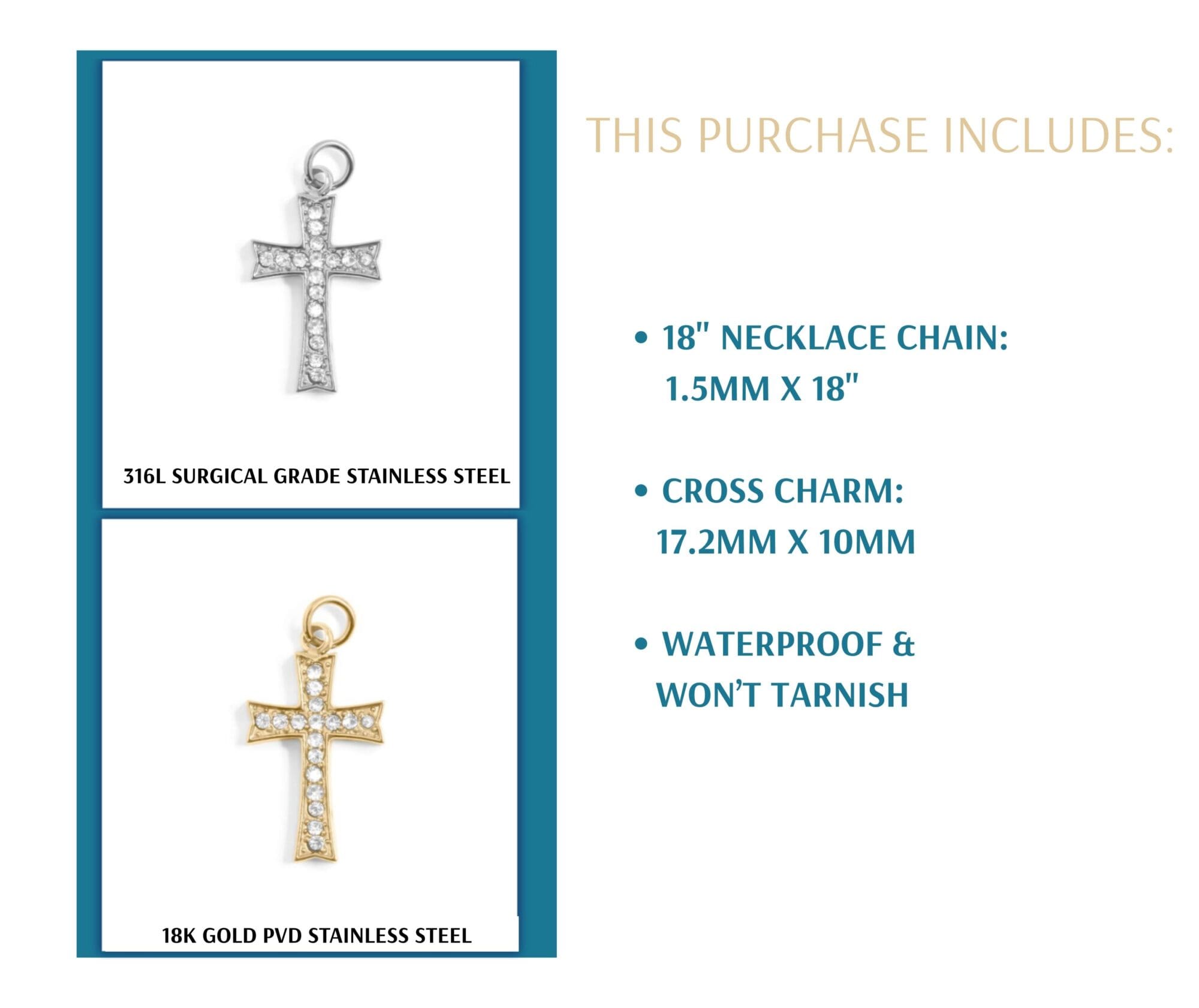 18K Gold Cross Necklace – with Sparkling Stones - Waterproof Jewelry - Image 2