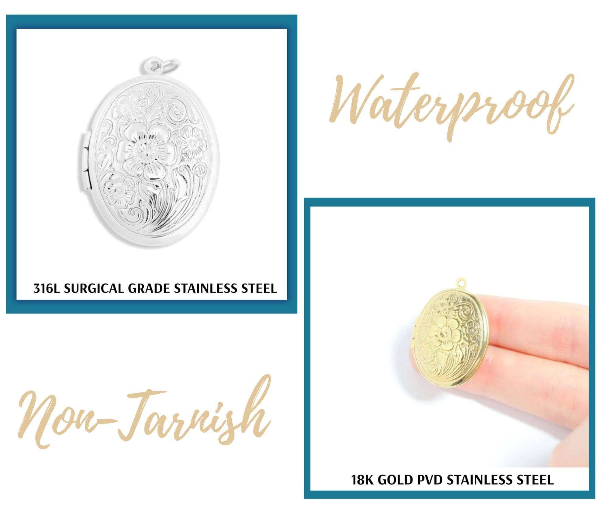 18K Gold PVD Oval Locket – Floral Keepsake Jewelry - Waterproof - Image 4